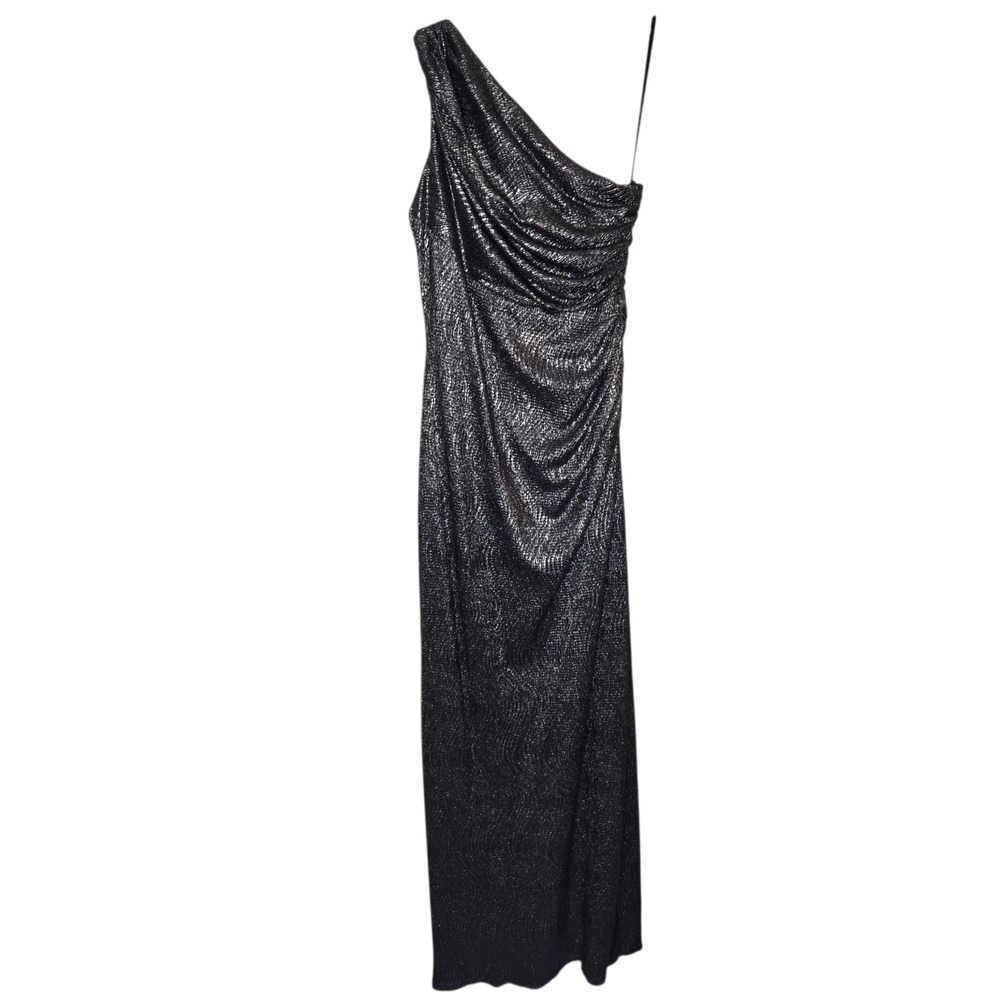 Terry Costa Womens 6 Sheath Dress One Shoulder Metallic Ruched Cocktail grey